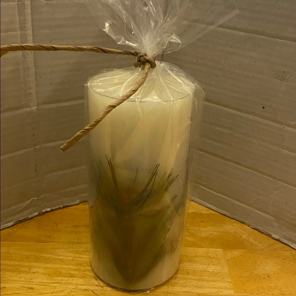 Decorative Cream & Green Pillar Candle. Nature inspired NWT light scent Noel